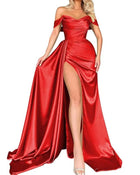 Banquet High Slit Sexy Host Off-shoulder Party Evening Dress Red
