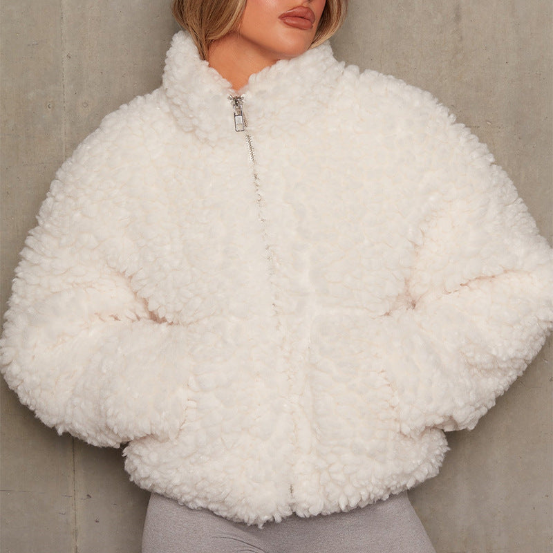 Women’s Short Jacket Lamb Wool Coat White
