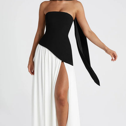 Sexy Backless Tube Top Split Dress Black & white