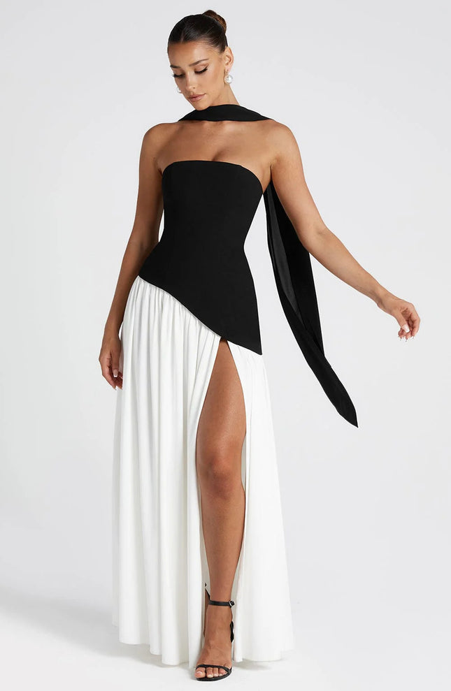 Sexy Backless Tube Top Split Dress Black & white