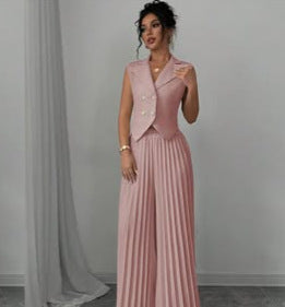 Lapel Button Vest Top And Pleated Pants set Pink