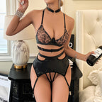 Women's Leopard Print Mesh Splicing Leather Underwear Suit Black