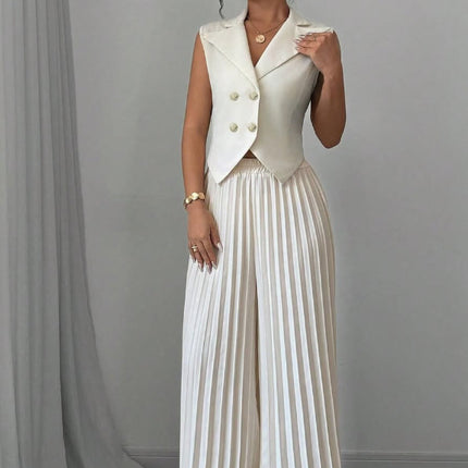 Lapel Button Vest Top And Pleated Pants set White
