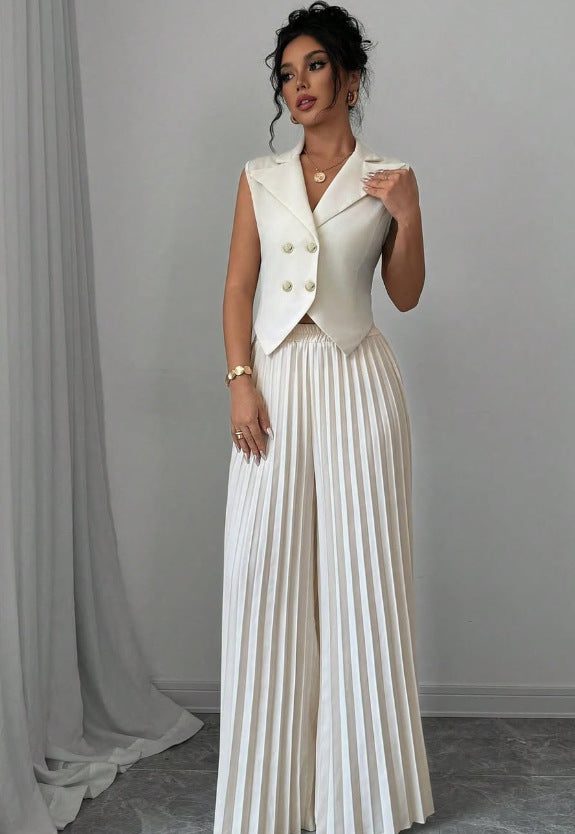 Lapel Button Vest Top And Pleated Pants set White