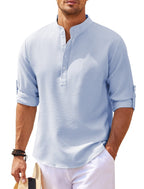 Men's Casual Shirt Long Sleeve Stand Collar Shirt Blue