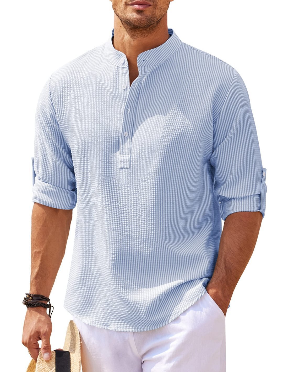 Men's Casual Shirt Long Sleeve Stand Collar Shirt Blue