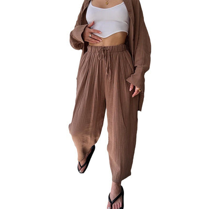 Women's Casual Simple Lapel Long Sleeve Shirt Trousers Suit