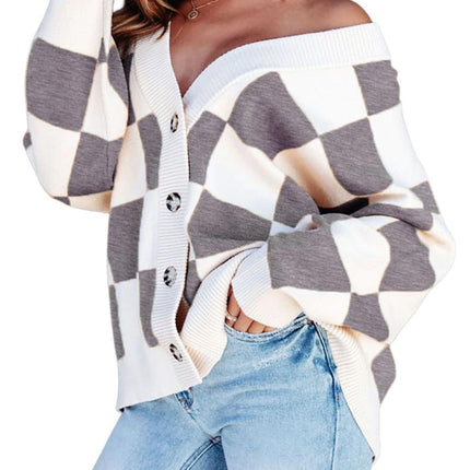 Women's Checkered Knitted Cardigan Gray