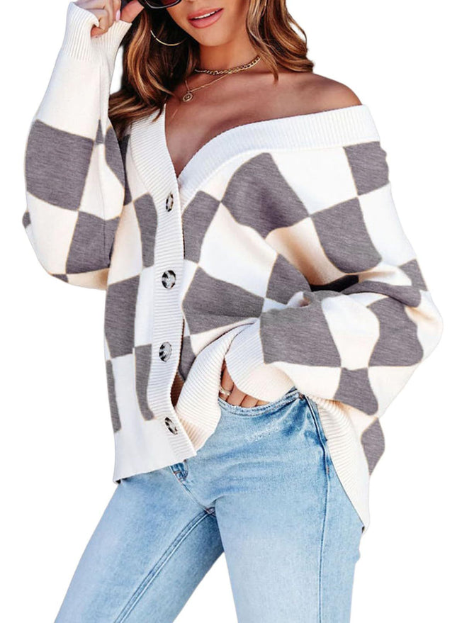 Women's Checkered Knitted Cardigan Gray
