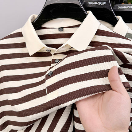 Jacquard Stripes Breathable Polo T-Shirt Brown