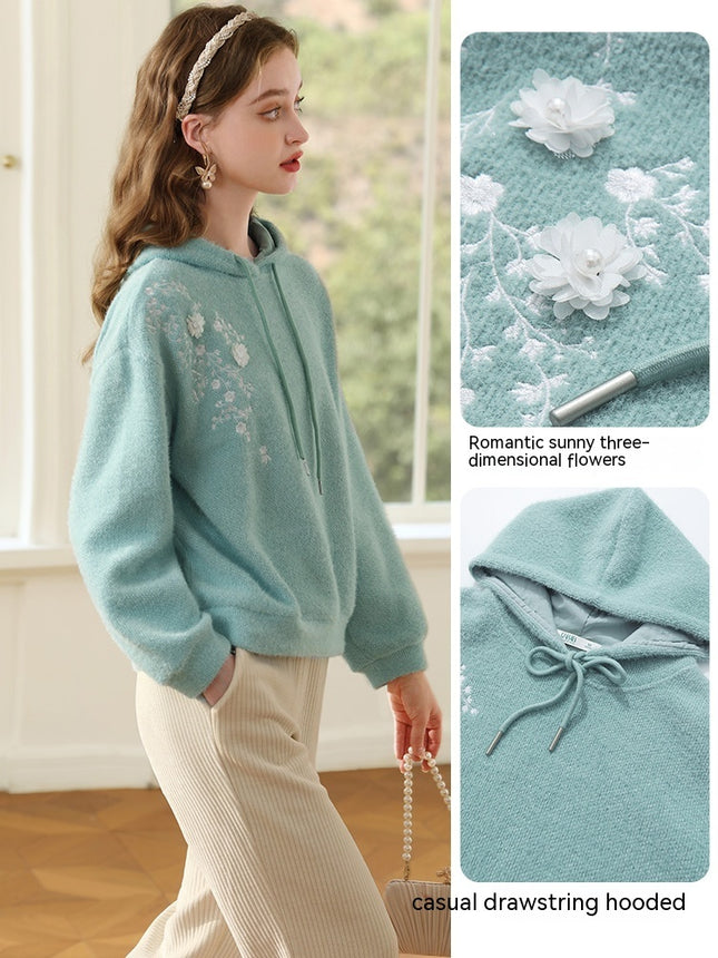 Green Hooded Sherry Embroidered Soft And Sticky For Women