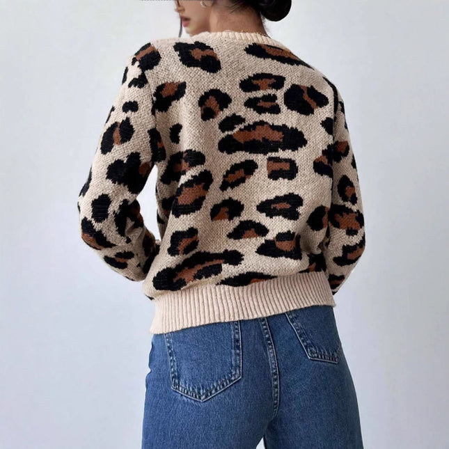 Retro Commute Leopard Print Pullover Sweater