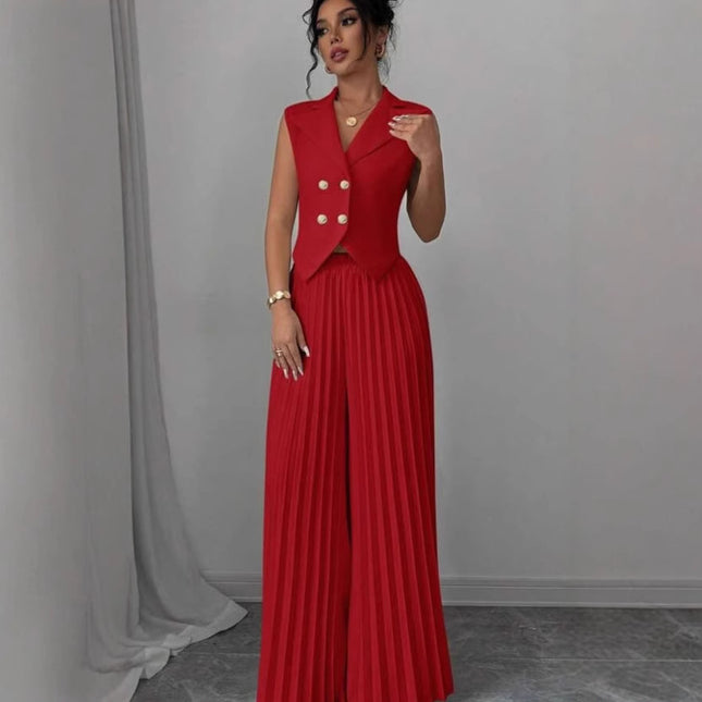 Lapel Button Vest Top And Pleated Pants set