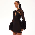 Mesh Cross Hollow-out Long Sleeve Plush Sheath Dress