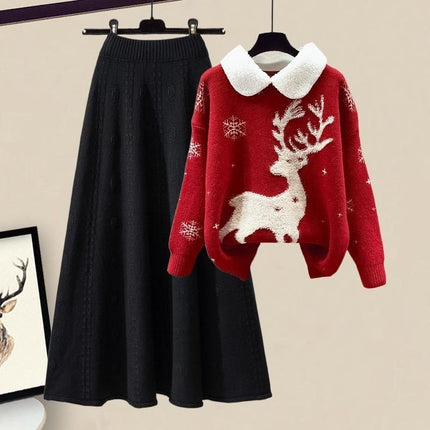 All-matching Knitted Sweater Skirt Two-piece Set red suit 2