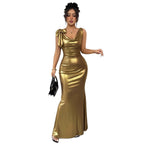 Women's Gold Deep V-neck Backless Slim Fit Long Dress