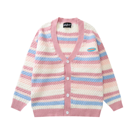 Knitted Striped Crochet Women's Sweater Pink