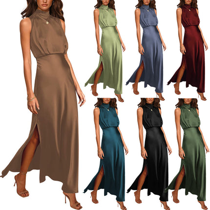 Women's Satin Stand Collar Sleeveless Maxi Dress | 7 Colours