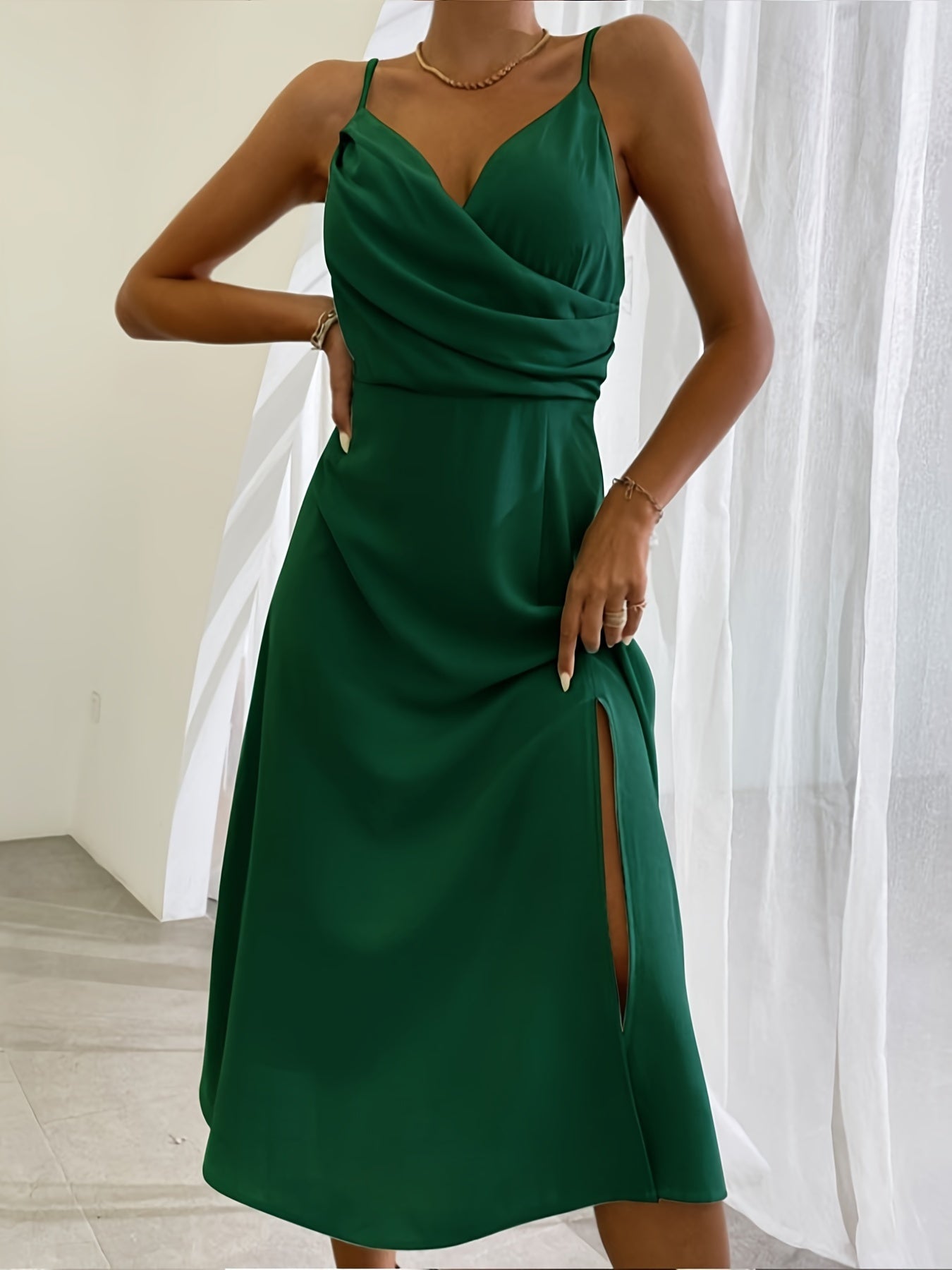 Slit Sling Summer Suspender Dress Dark green