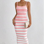 Women's Hot Girl Striped Spaghetti Straps Hip Dress Pink