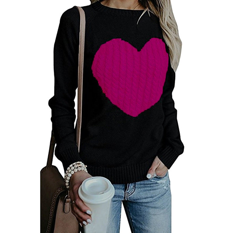 Love Printed Pullover Sweater Black red heart
