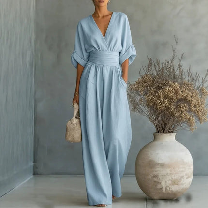 Women's High Waist Wide-Leg Jumpsuit | Three-Quarter Sleeve, Pleated