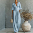 Women's High Waist Wide-Leg Jumpsuit | Three-Quarter Sleeve, Pleated