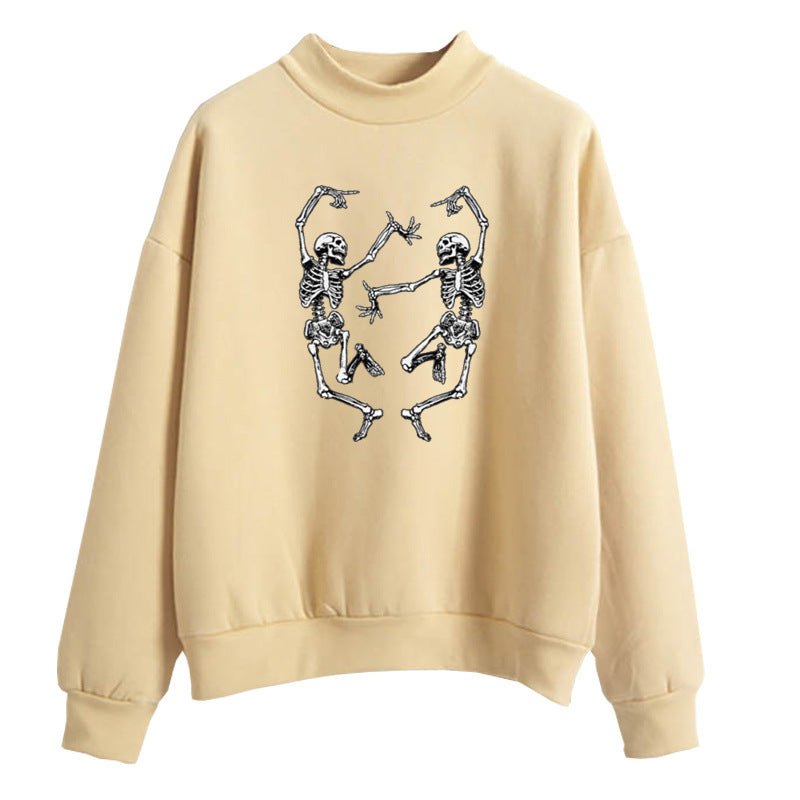 Halloween Dancing Skull Fun Print Pullover Khaki