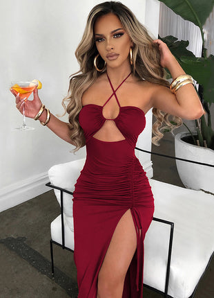 SS Chest Hollow Out Dress Wine red