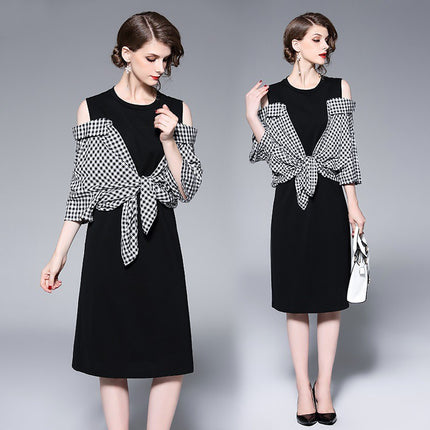 Off-the-shoulder Paneled Plaid Midi Dress