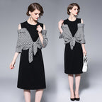 Off-the-shoulder Paneled Plaid Midi Dress