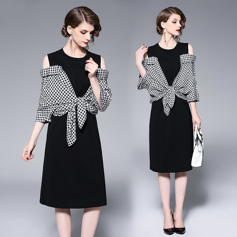Off-the-shoulder Paneled Plaid Midi Dress