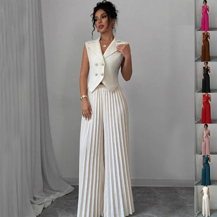 Lapel Button Vest Top And Pleated Pants set