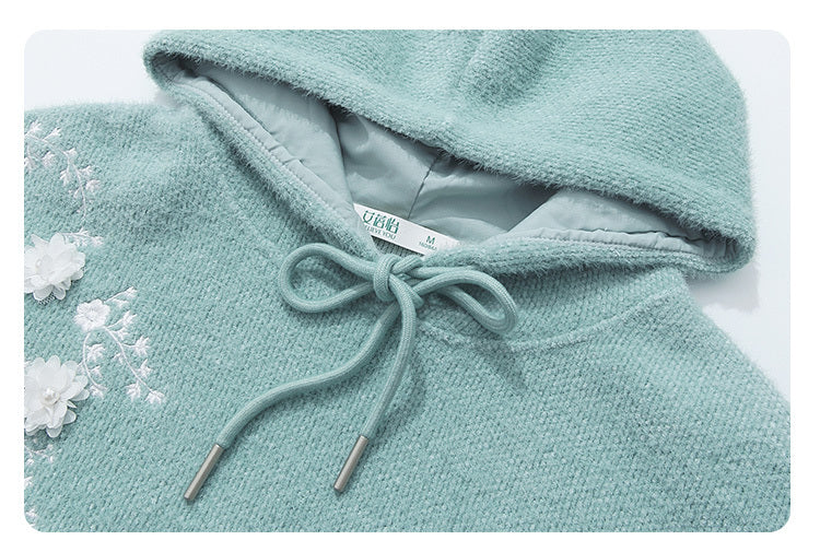 Green Hooded Sherry Embroidered Soft And Sticky For Women