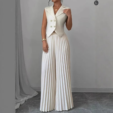 Lapel Button Vest Top And Pleated Pants set