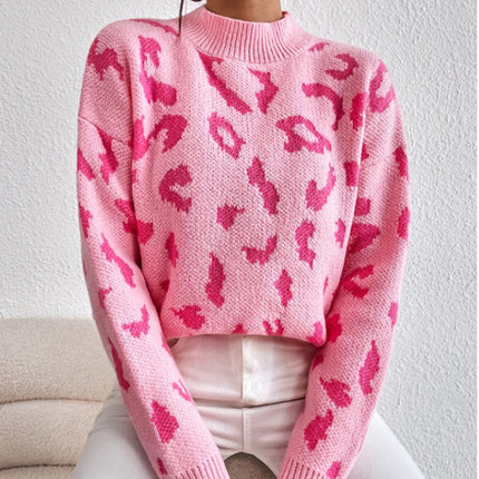 Spring And Autumn Temperament Leopard Print Jacquard Top Pink