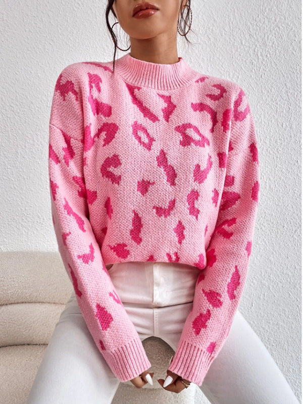 Spring And Autumn Temperament Leopard Print Jacquard Top Pink