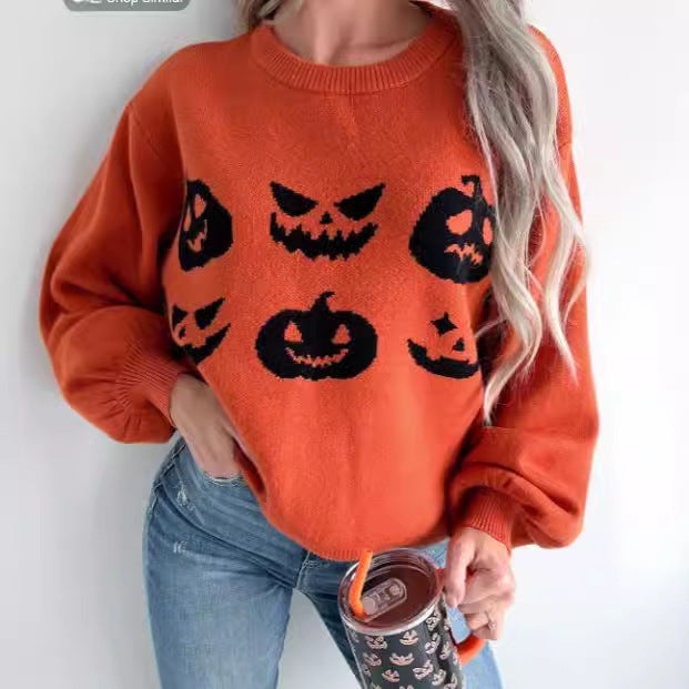 Orange Halloween Pumpkin Face Sweater Orange