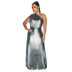 Elegant Bronzing Oblique Shoulder Sleeveless Dress Silver