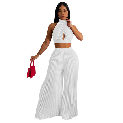 Women's Halter Silk-like Pleated Wide-leg Pants Two-piece Set White