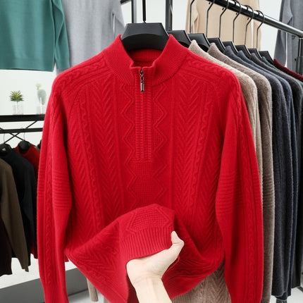 All Wool Men's Half Zipper Sweater Red