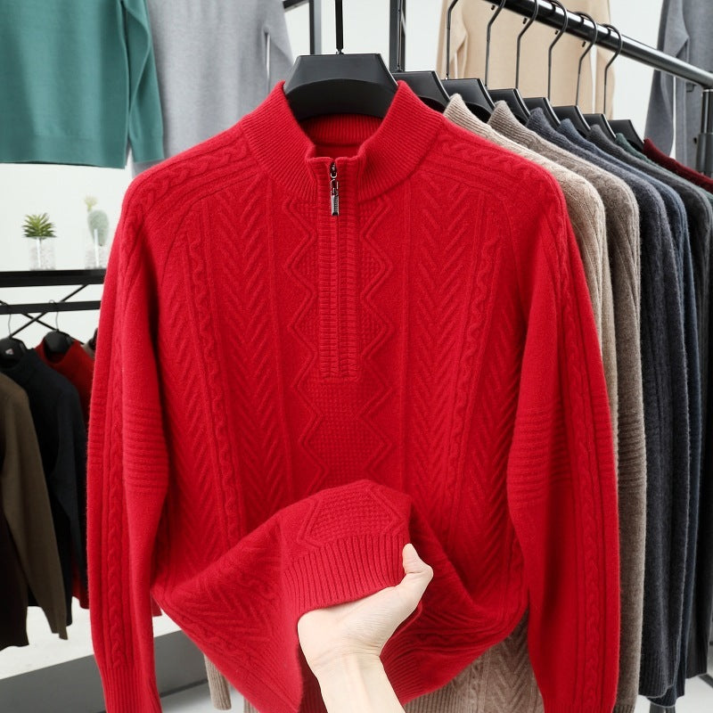 All Wool Men's Half Zipper Sweater Red