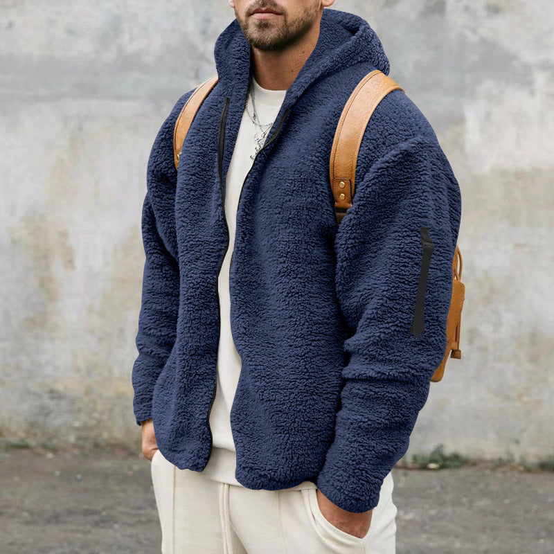 Plush Hooded Men's Autumn And Winter Fleece Double-sided Wear Warm Coat Navy Blue