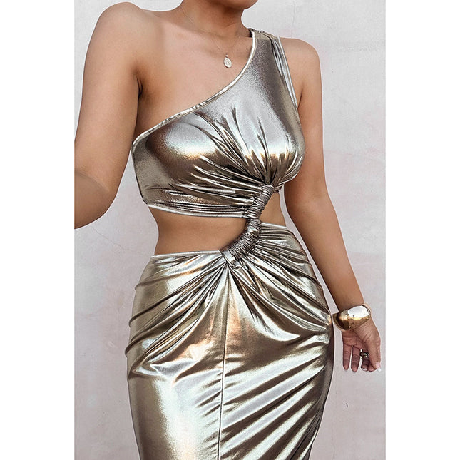 Sexy Shoulder Midriff Outfit Hollow Coating Dress Silver