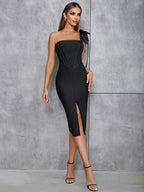 One-shoulder Niche Split One-piece Dress Black