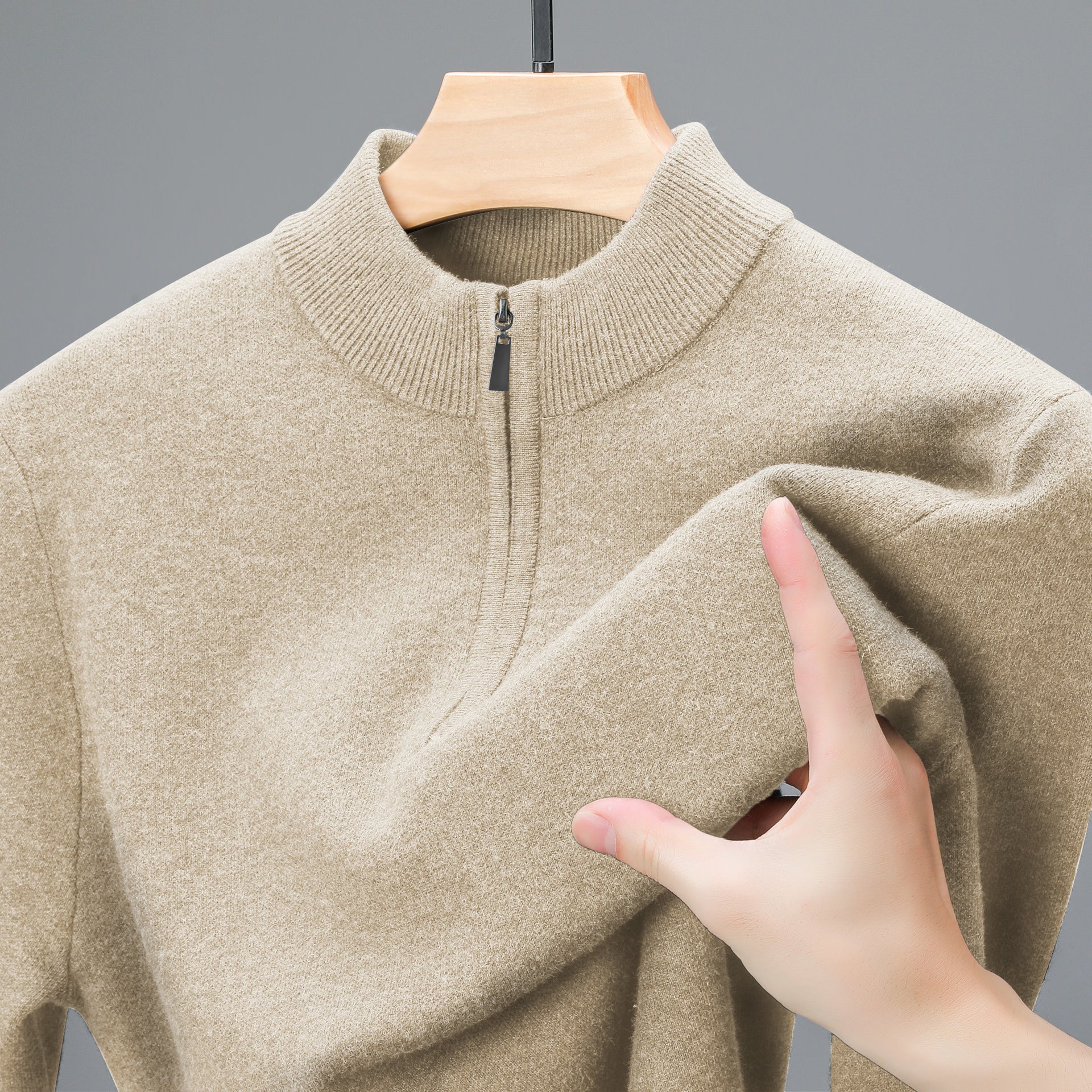 Men's Half-high Collar Zipper Sweater Khaki H