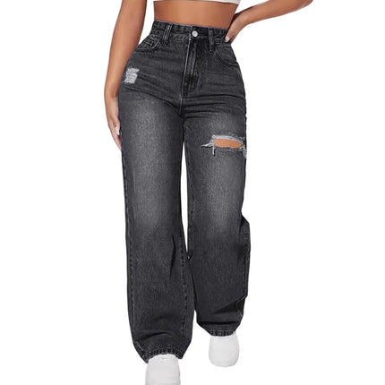 Ladies Washed Hole Denim Trousers Black