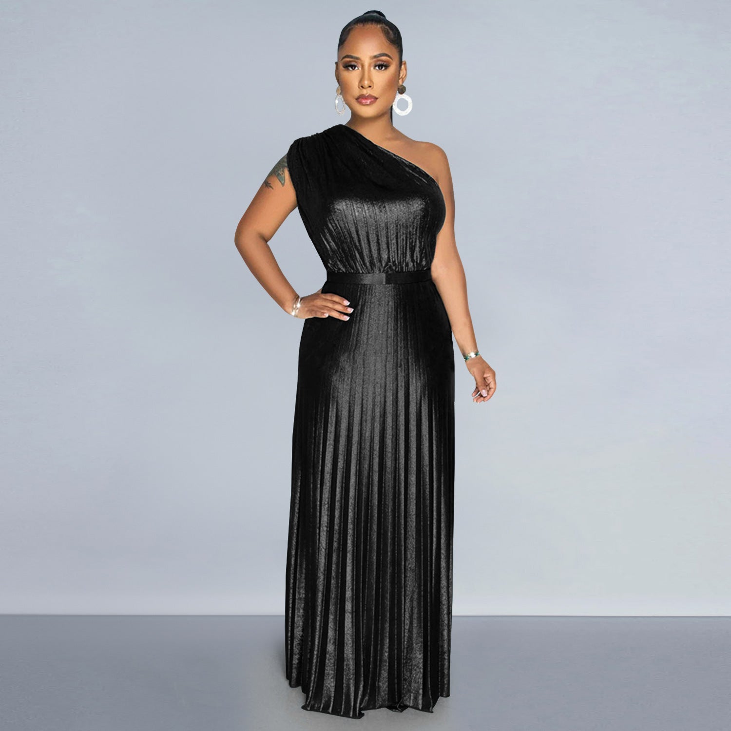 Elegant Bronzing Oblique Shoulder Sleeveless Dress