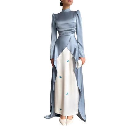 Pleated Stitching Sleeves Dress sky blue