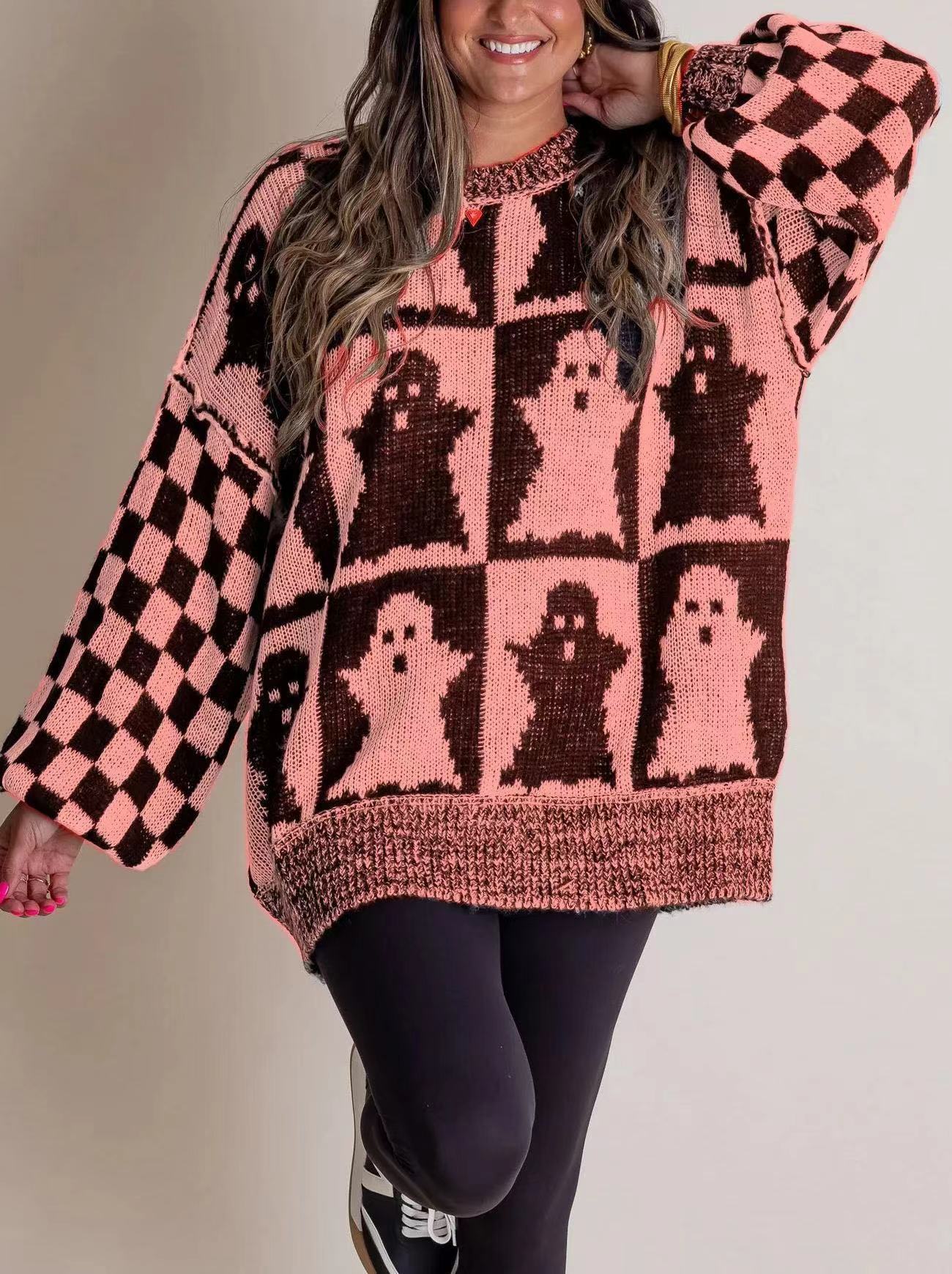 Halloween Cartoon Pumpkin Ghost Sweater Pink